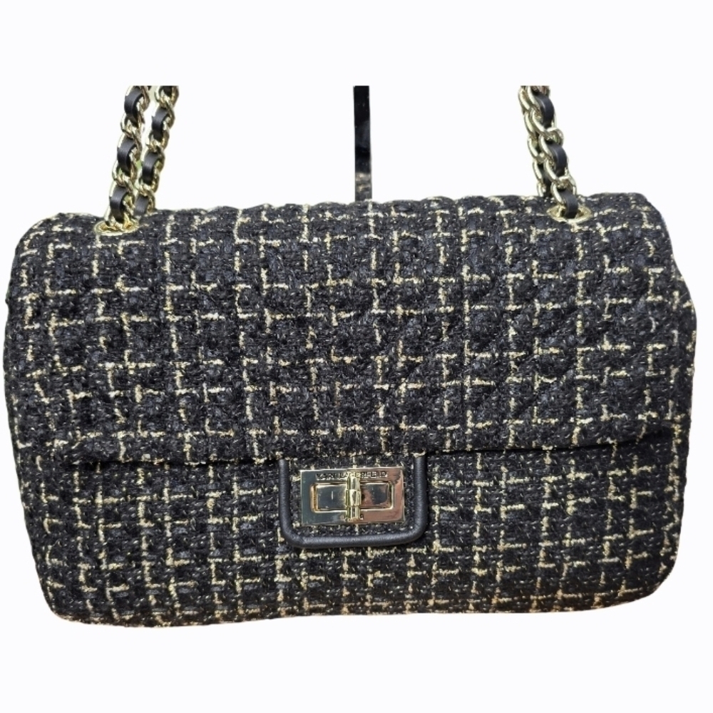 Karl Lagerfeld Tweed & Leather Bag w/ Adjustable Chain Strap NWT - Picture 2 of 9
